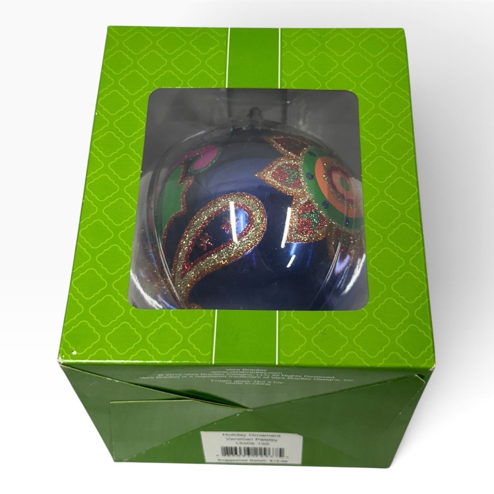Vera Bradley Venetian Paisley Glass Holiday Ornament Blue Glitter 13308-150 NIB